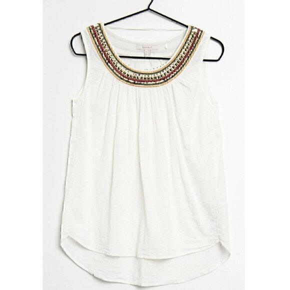 ESPRIT White Multi Embroidered Beaded Sequin Sleeveless Cotton Boho Tank Blouse - Picture 1 of 16